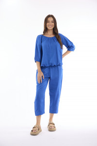 Linen Solid Top Gather Neck 3/4 Sleeve