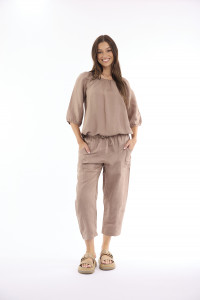 Linen Solid Top Gather Neck 3/4 Sleeve