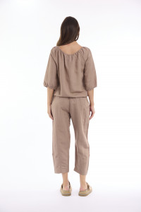 Linen Solid Top Gather Neck 3/4 Sleeve
