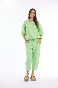 Linen Solid Top Gather Neck 3/4 Sleeve
