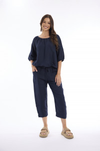 Linen Solid Top Gather Neck 3/4 Sleeve