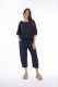 Linen Solid Top Gather Neck 3/4 Sleeve