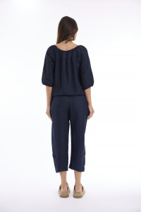 Linen Solid Top Gather Neck 3/4 Sleeve