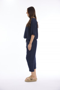 Linen Solid Top Gather Neck 3/4 Sleeve