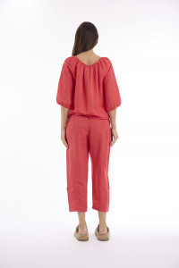 Linen Solid Top Gather Neck 3/4 Sleeve