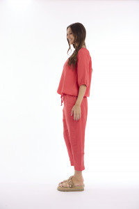Linen Solid Top Gather Neck 3/4 Sleeve