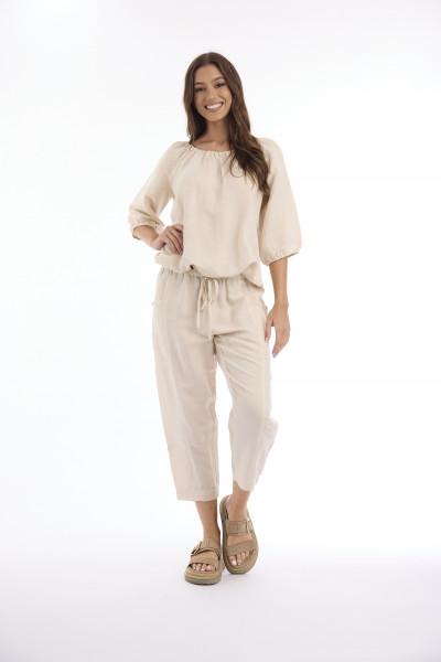 Linen Solid Top Gather Neck 3/4 Sleeve