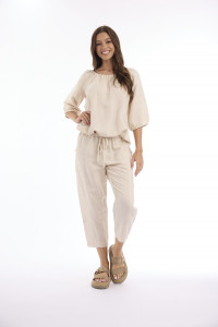 Linen Solid Top Gather Neck 3/4 Sleeve