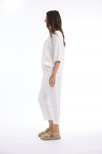 Linen Solid Top Gather Neck 3/4 Sleeve