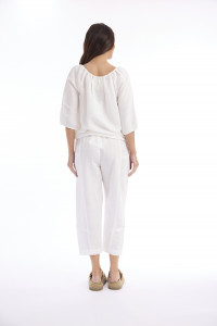Linen Solid Top Gather Neck 3/4 Sleeve