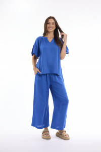 Linen Solid Top Chinese Collar Wide Sleeve