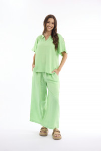 Linen Solid Top Chinese Collar Wide Sleeve