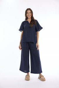 Linen Solid Top Chinese Collar Wide Sleeve