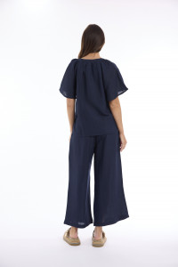 Linen Solid Top Chinese Collar Wide Sleeve