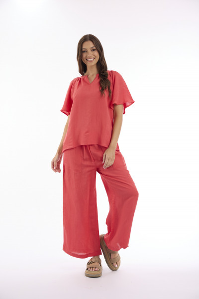 Linen Solid Top Chinese Collar Wide Sleeve