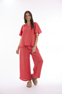 Linen Solid Top Chinese Collar Wide Sleeve