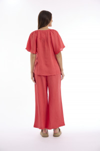 Linen Solid Top Chinese Collar Wide Sleeve