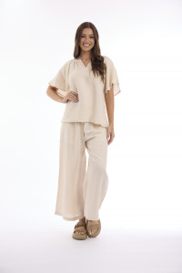 Linen Solid Top Chinese Collar Wide Sleeve