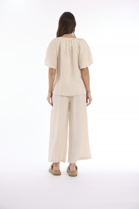 Linen Solid Top Chinese Collar Wide Sleeve