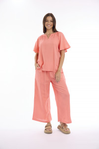 Linen Solid Top Chinese Collar Wide Sleeve