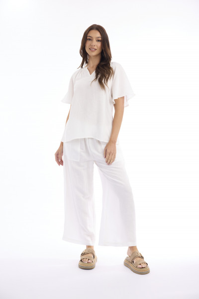 Linen Solid Top Chinese Collar Wide Sleeve