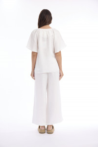 Linen Solid Top Chinese Collar Wide Sleeve