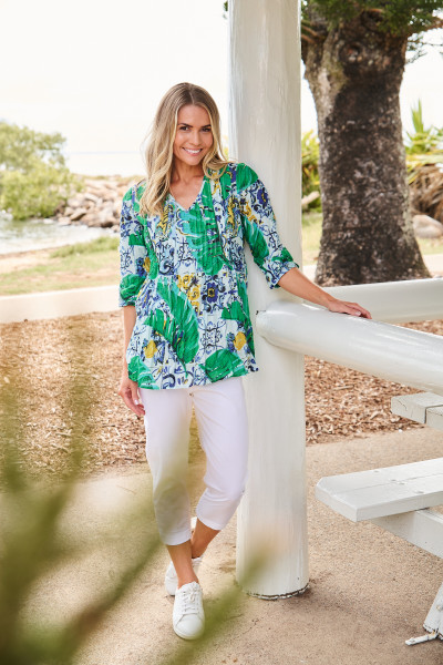 Tina V neck Pleated Top 3/4 Sleeve