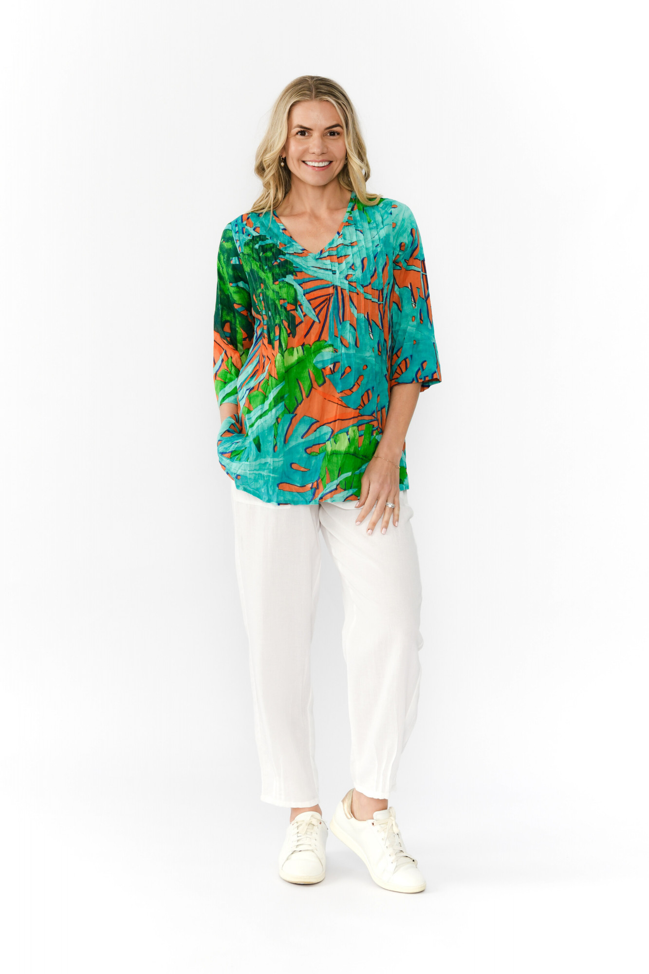 Tina V neck Pleated Top 3/4 Sleeve