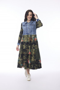 Keqioa Dress Maxi Collar Denim Mix