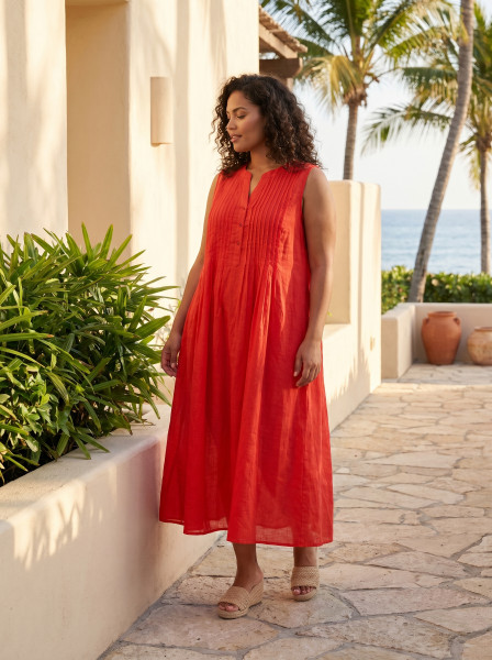 Cotton Slub Dress Maxi Pleated