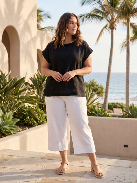 Linen Blend Top Rolled Neckline