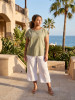 Linen Blend Top Rolled Neckline