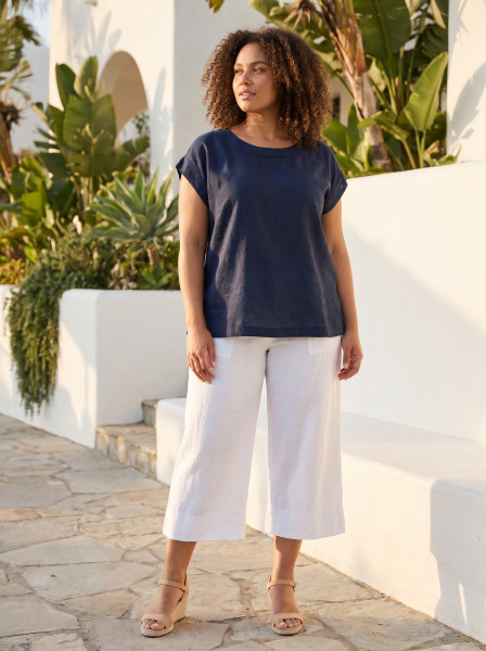 Linen Blend Top Rolled Neckline
