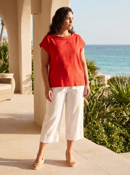 Linen Blend Top Rolled Neckline