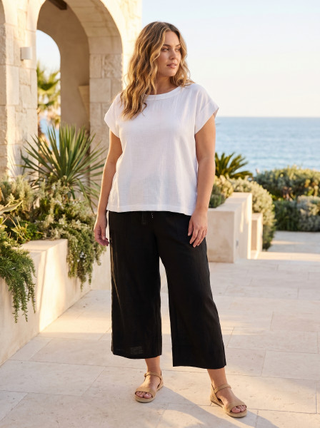 Linen Blend Top Rolled Neckline