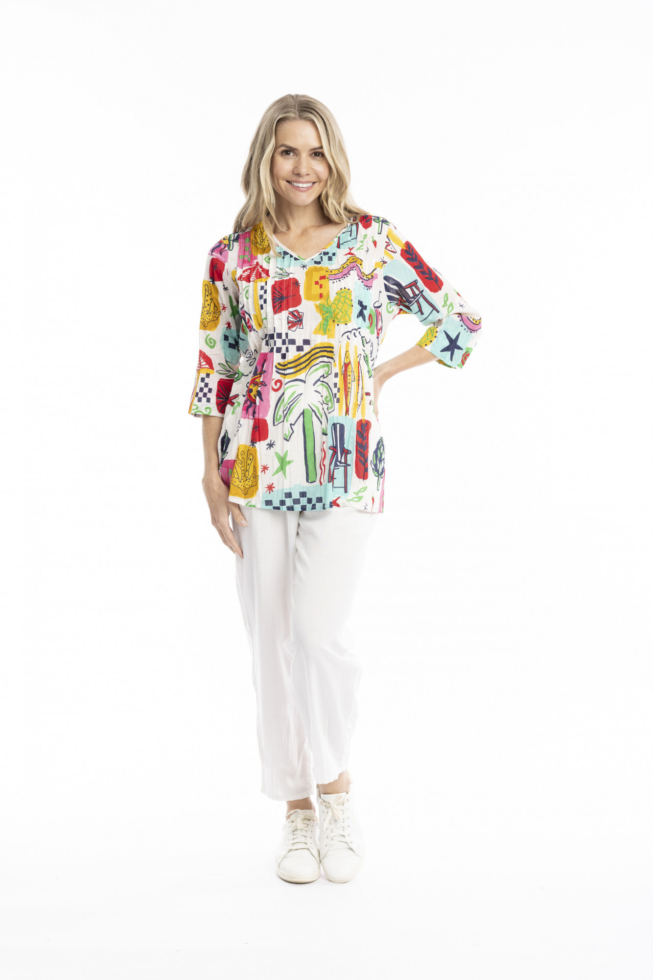 Tina V neck Pleated Top 3/4 Sleeve