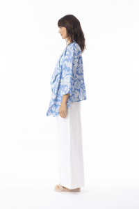 Linen Print Blue Wrap Jacket