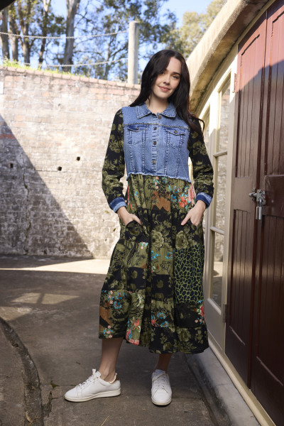 Keqioa Dress Maxi Collar Denim Mix