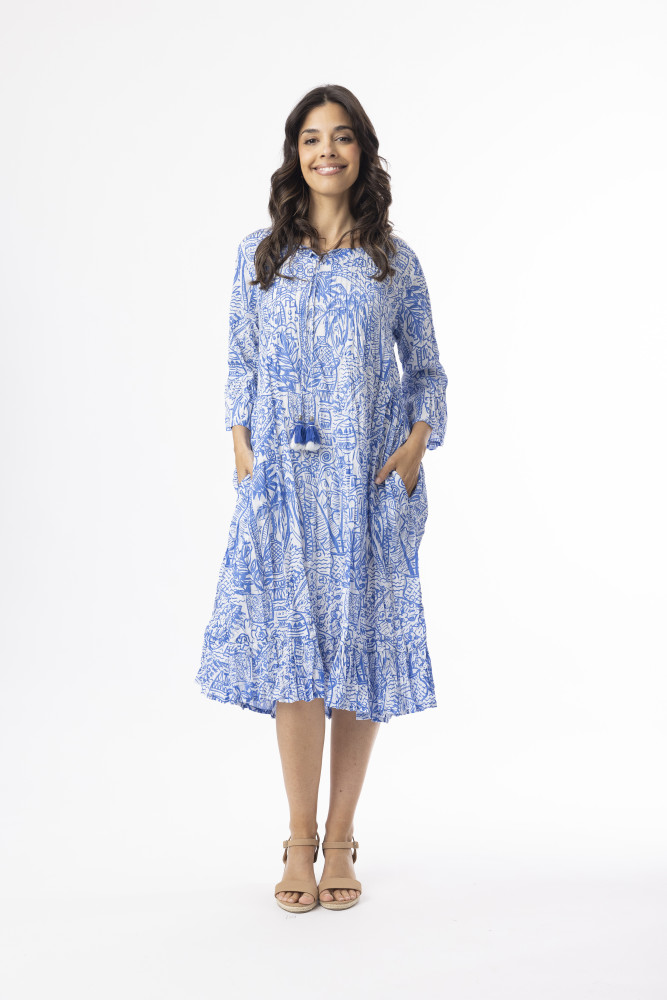 Aksharay Blue Dress Pinch Pleat Frill Sleeve