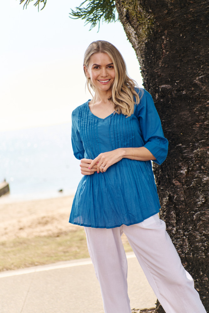 Evie Pleated Top with 3/4 Sleeve