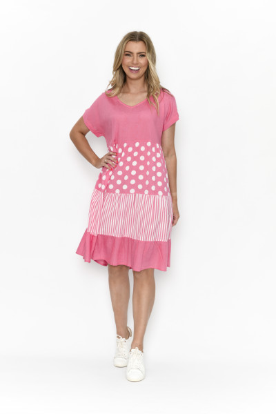 Nadia  V Neck Dress Linen Print Mix