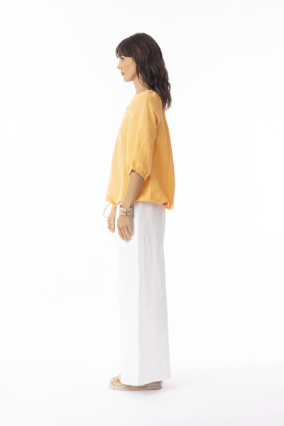 Linen Solid Top Gather Neck 3/4 slv