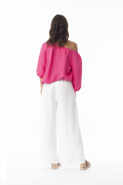 Linen Solid Top Gather Neck 3/4 slv