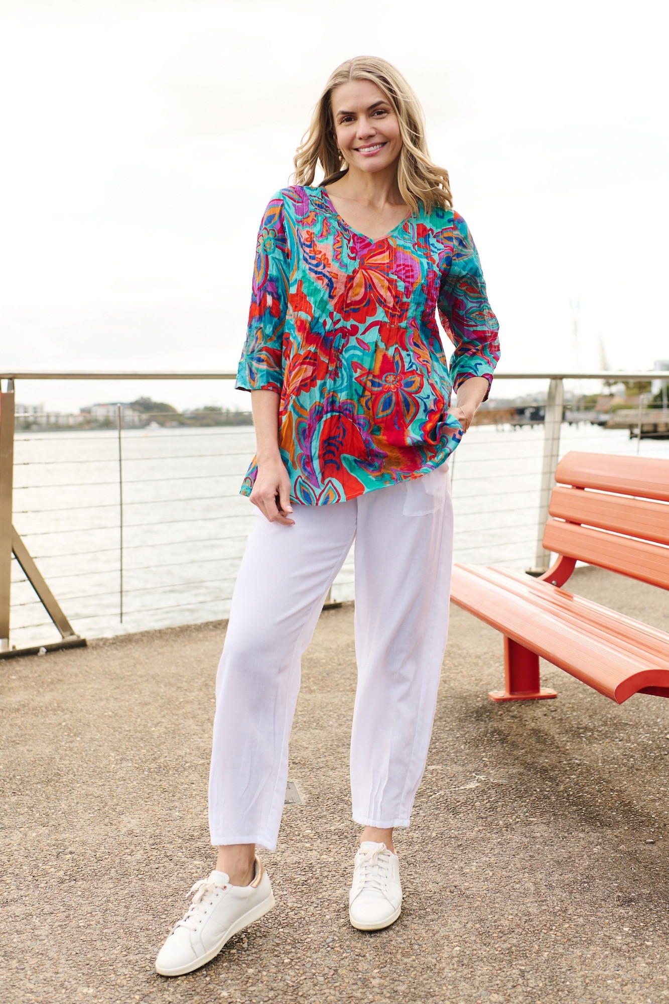 Tina V neck Pleated Top 3/4 Sleeve