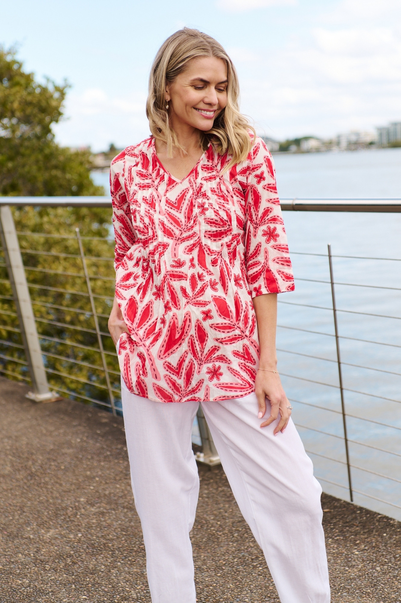 Tina V neck Pleated Top 3/4 Sleeve