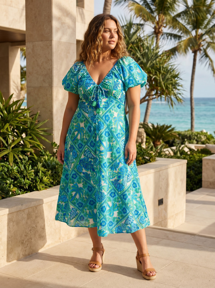 Vieux Port Dress Puff Sleeve Deep V