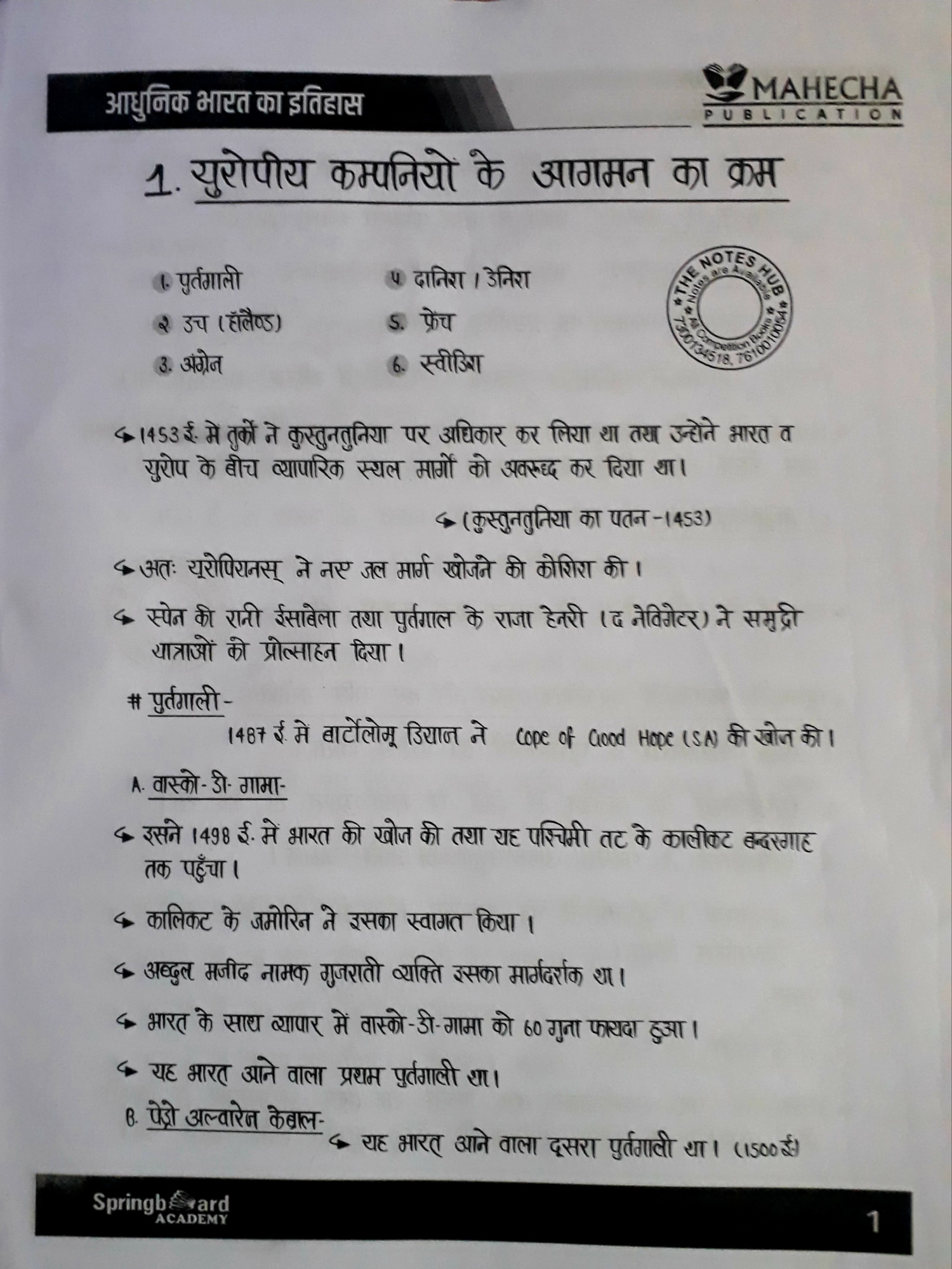 Spring Board RAS Adhunik Bharat Ka Itihas Hindi 2024