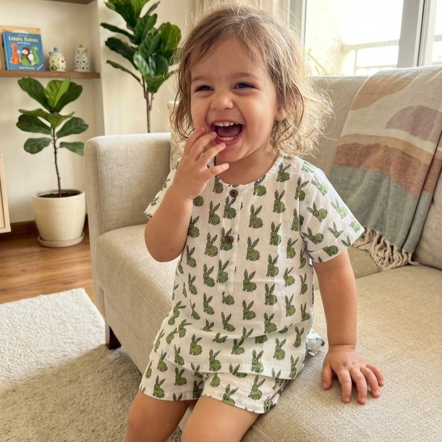 White and Green Rabbit Print Summer Set