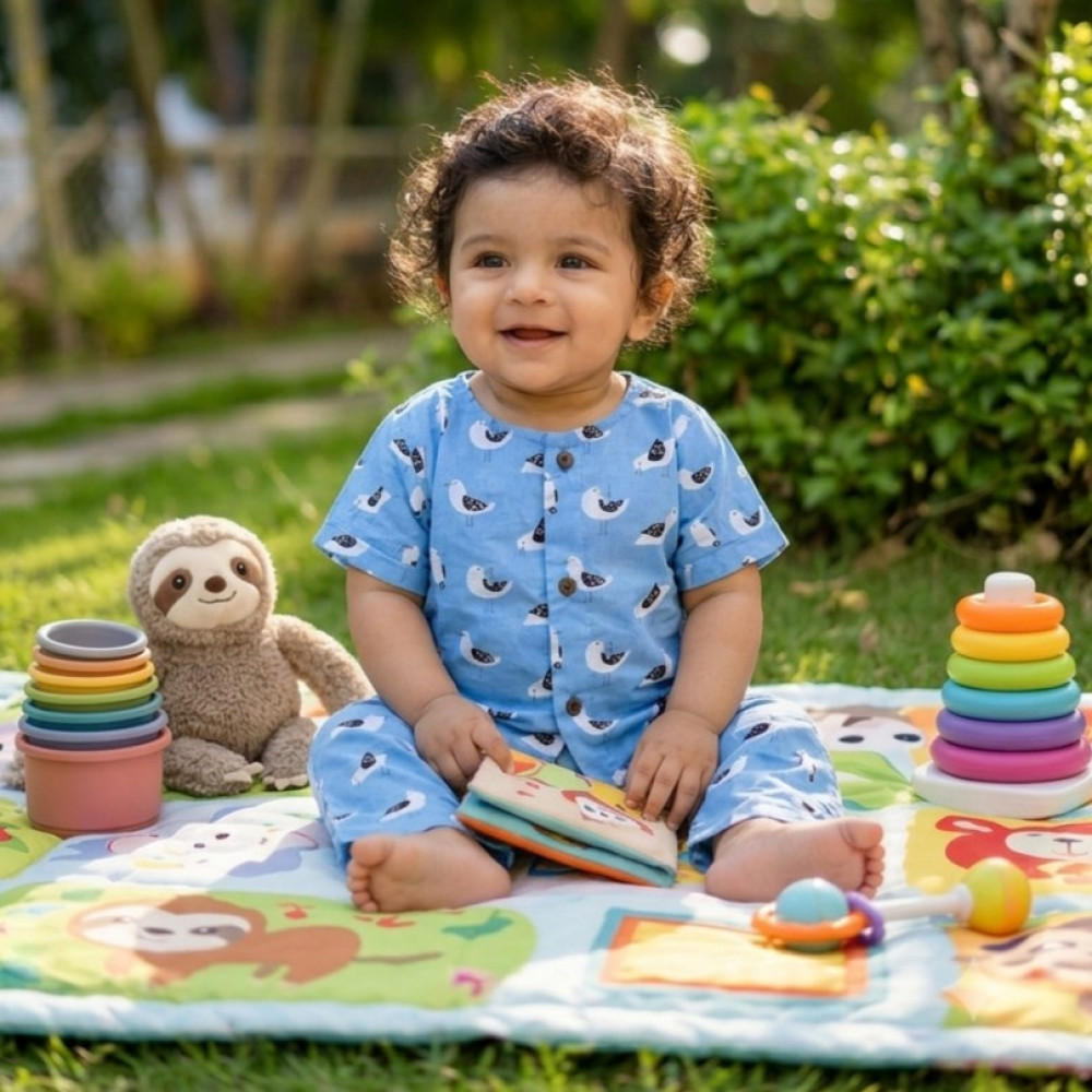 Image of Sky Blue Birdie Print Night Dress
