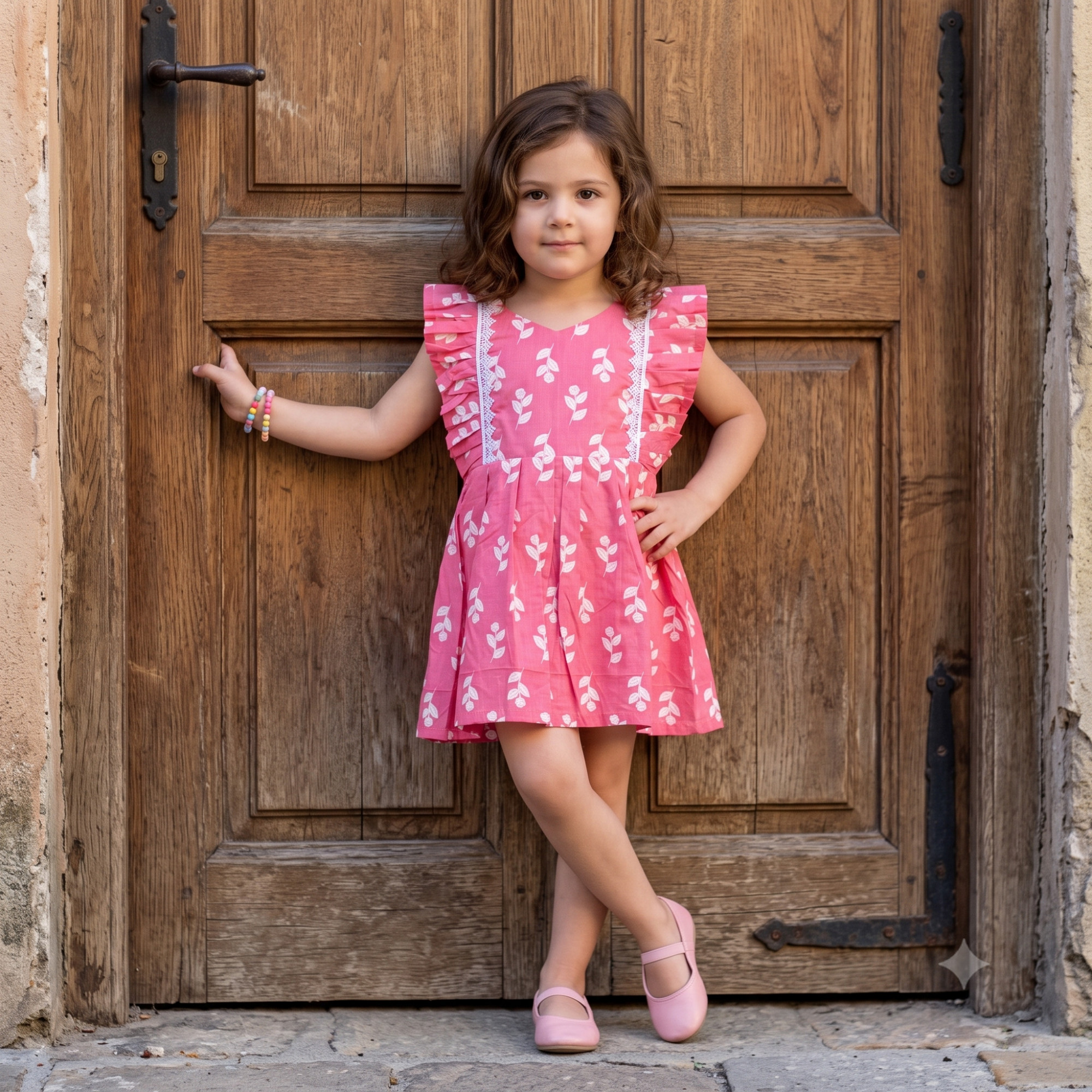Pink and White Floral Print Frock